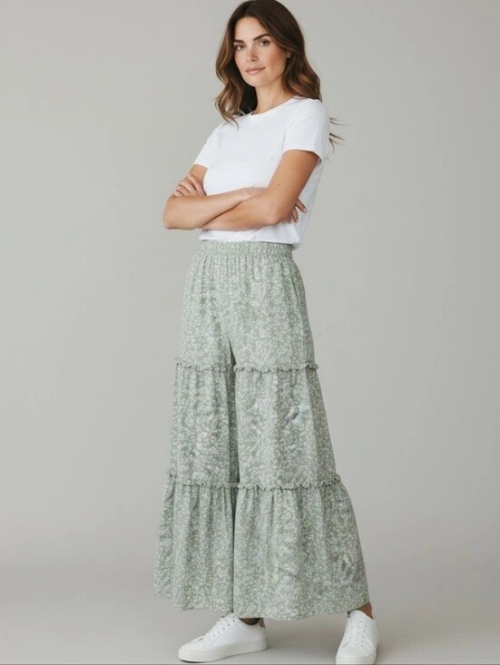 CeCe Pants - CeCe Ruffle Wide Leg Harem Pants Light Sage Green Floral Soft